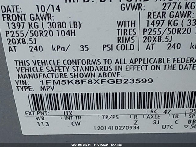 Ford Explorer Limited 2015 1FM5K8F8XFGB23599 Image 9