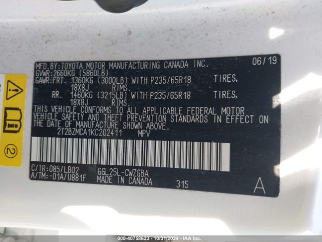 2T2BZMCA1KC202411 Lexus RX 350