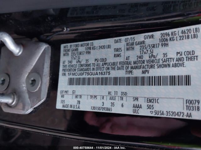 1FMCU0F75GUA16375 Ford ESCAPE S