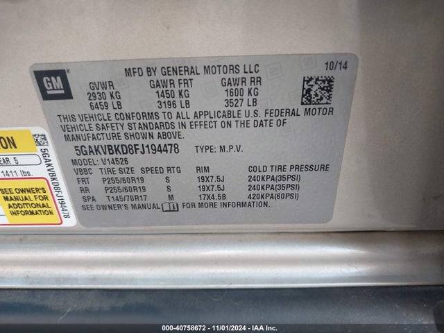Buick Enclave Leather 2015 5GAKVBKD8FJ194478 Image 9