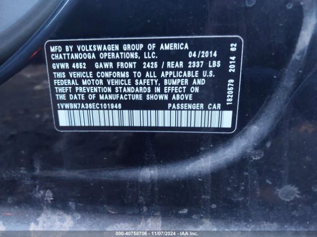 1VWBN7A36EC101946 Volkswagen Passat 2.0l Tdi Se