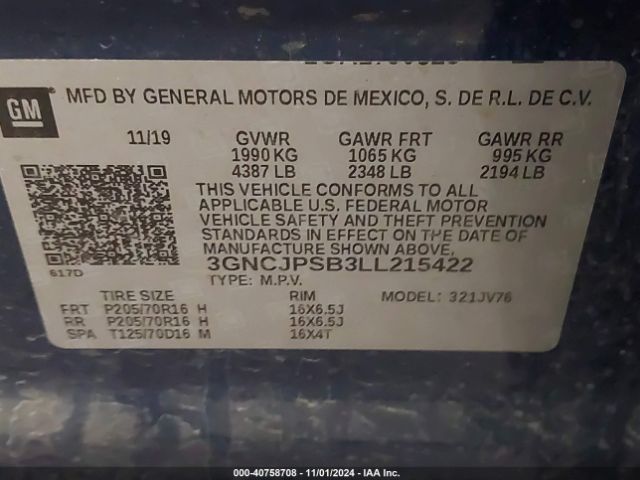 3GNCJPSB3LL215422 Chevrolet Trax Awd Lt