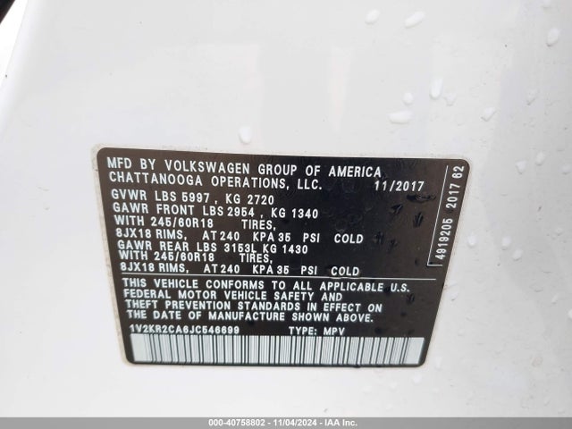 1V2KR2CA6JC546699 Volkswagen Atlas 3.6l V6 Se
