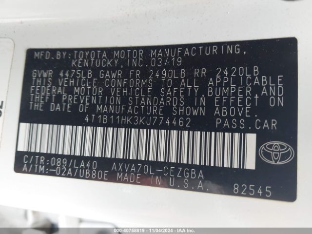 4T1B11HK3KU774462 Toyota CAMRY XLE