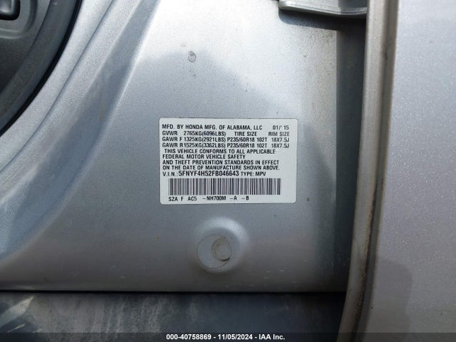Honda Pilot Ex-l 2015 5FNYF4H52FB046643 Image 9