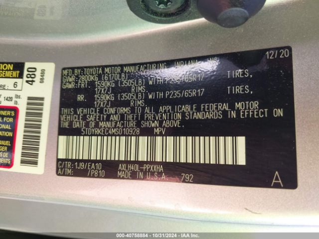 5TDYRKEC4MS010928 Toyota SIENNA XLE