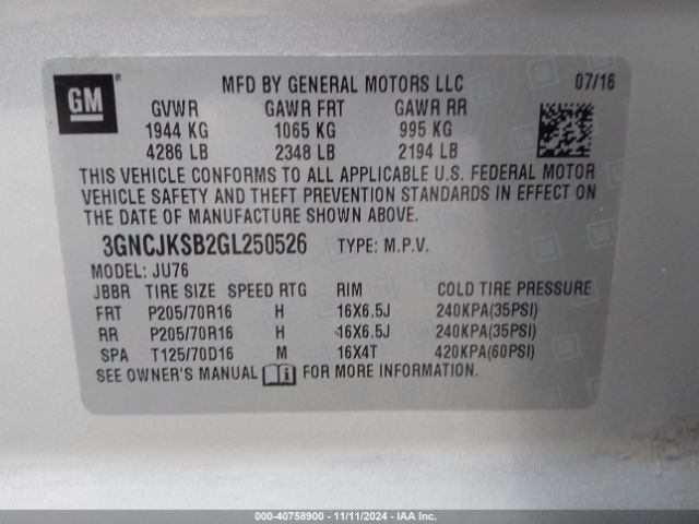 3GNCJKSB2GL250526 Chevrolet Trax 1ls