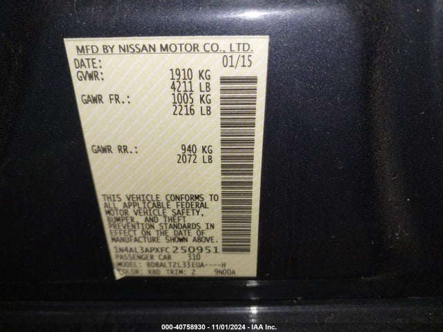 Nissan Altima 2.5 Sl 2015 1N4AL3APXFC250951 Image 9