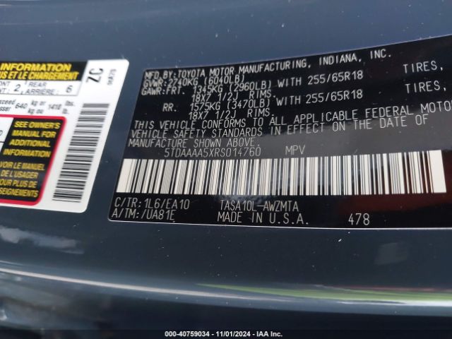5TDAAAA5XRS014760 Toyota Grand Highlander Xle
