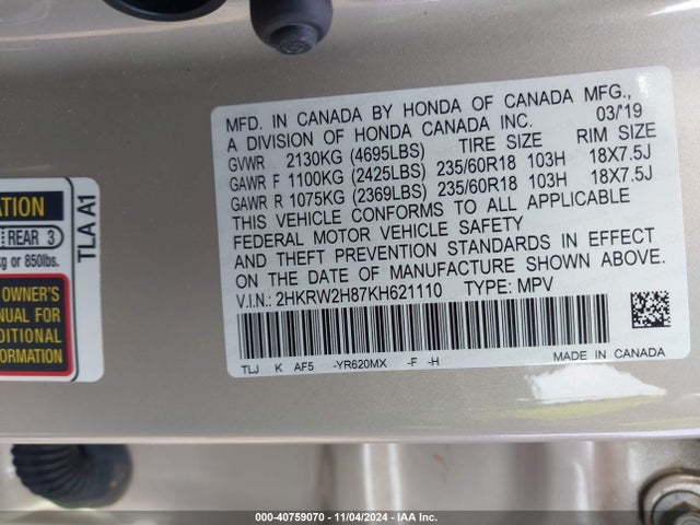 Honda Cr-v Ex-l 2019 2HKRW2H87KH621110 Image 9