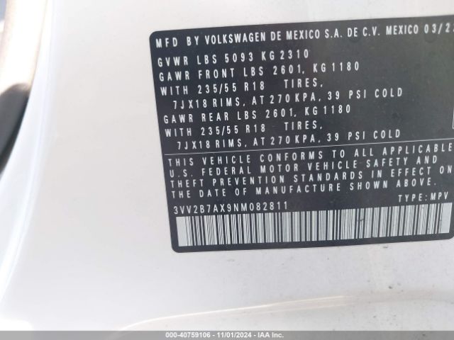 3VV2B7AX9NM082811 Volkswagen Tiguan 2.0t Se