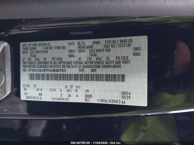 Ford Escape Titanium 2017 1FMCU9J97HUB26763 Image 9
