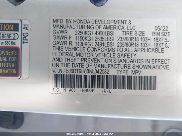 5J6RT6H80NL042082 Honda Cr-v Hybrid Ex-l