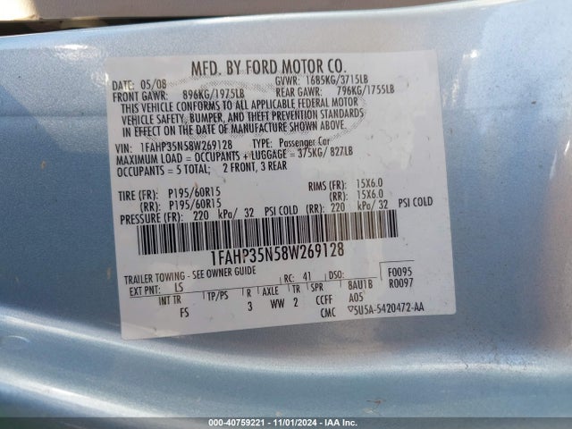 40759221 :رقم المزاد ، 1FAHP35N58W269128 vin ، 2008 Ford Focus Se مزاد بيع