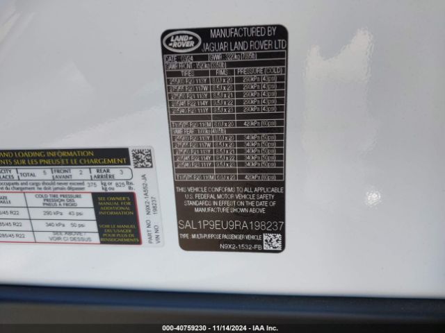 SAL1P9EU9RA198237 Land Rover Range Rover Sport Se