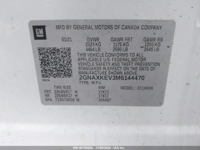 2GNAXKEV3M6144470 Chevrolet Equinox Fwd Lt