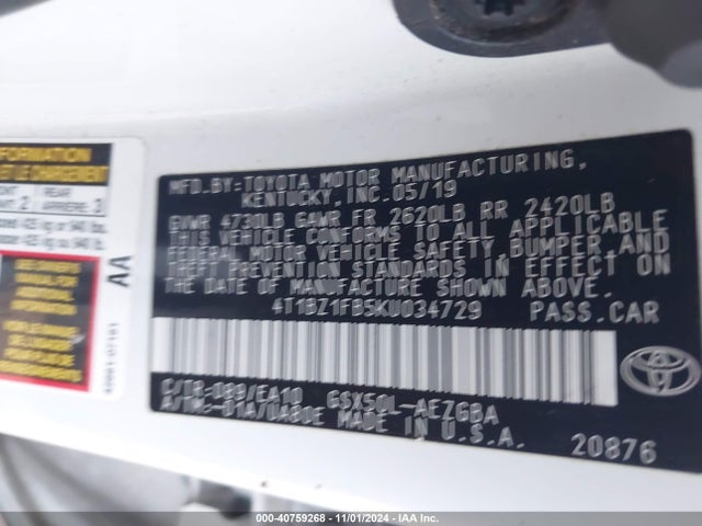 Toyota AVALON XLE 2019 4T1BZ1FB5KU034729 Image 9