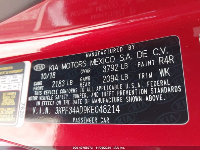 3KPF34AD9KE048214 KIA FORTE S