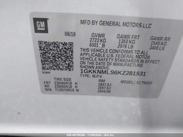1GKKNMLS6KZ281531 GMC Acadia Slt-1