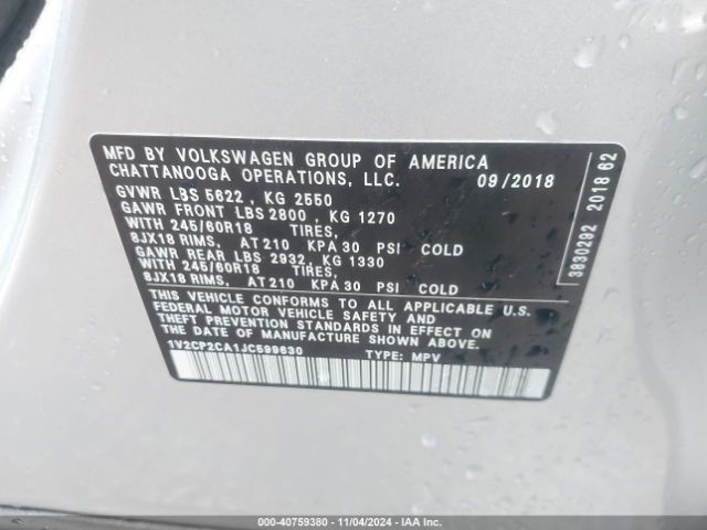 1V2CP2CA1JC599630 Volkswagen Atlas 2.0t Se