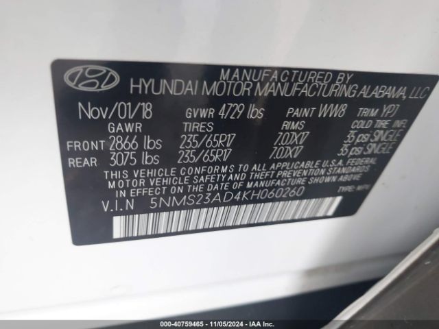5NMS23AD4KH060260 Hyundai Santa Fe Se