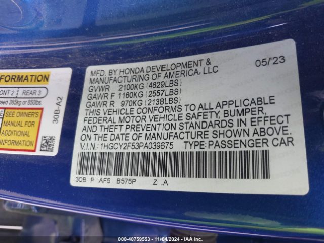 1HGCY2F53PA039675 Honda Accord Hybrid Sport