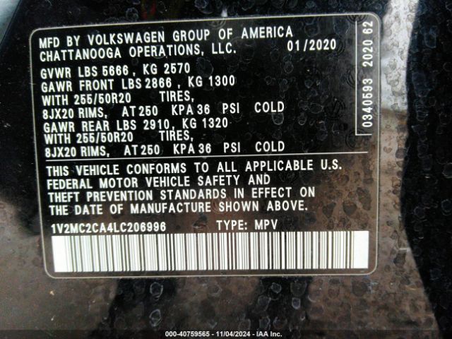 1V2MC2CA4LC206996 Volkswagen Atlas Cross Sport 2.0t Sel/2.0t Sel Premium/2.0t Sel Premium R-line/2.0t Sel R-line