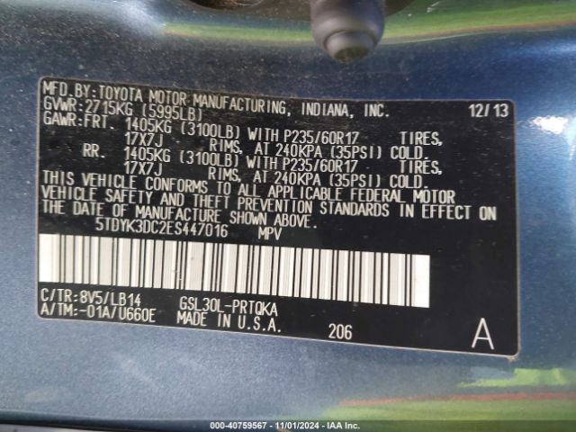5TDYK3DC2ES447016 Toyota Sienna Xle V6 8 Passenger