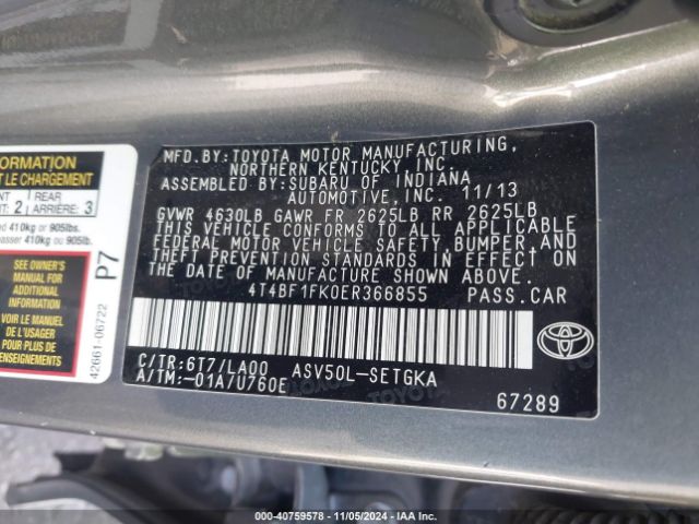 4T4BF1FK0ER366855 Toyota CAMRY XLE