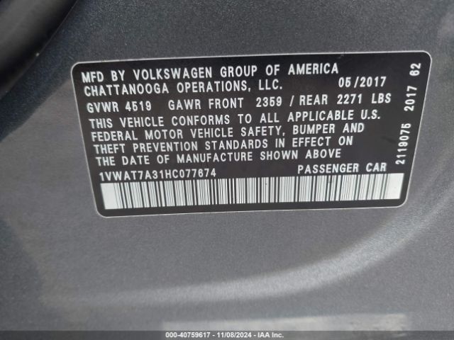 1VWAT7A31HC077674 Volkswagen Passat 1.8t S