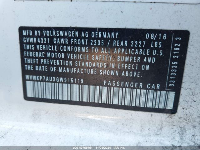 WVWKP7AUXGW915119 Volkswagen E-golf Se