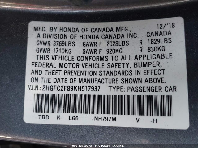 Honda Civic Sport 2019 2HGFC2F89KH517937 Image 9