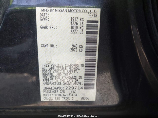 Nissan Altima 2.5 S 2018 1N4AL3AP0JC229714 Image 9