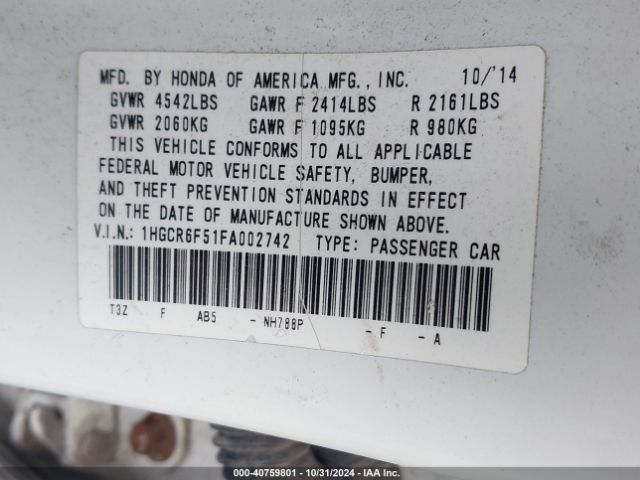 1HGCR6F51FA002742 Honda Accord Hybrid Ex-l