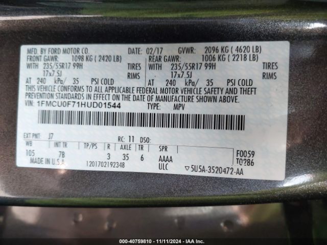 1FMCU0F71HUD01544 Ford ESCAPE S