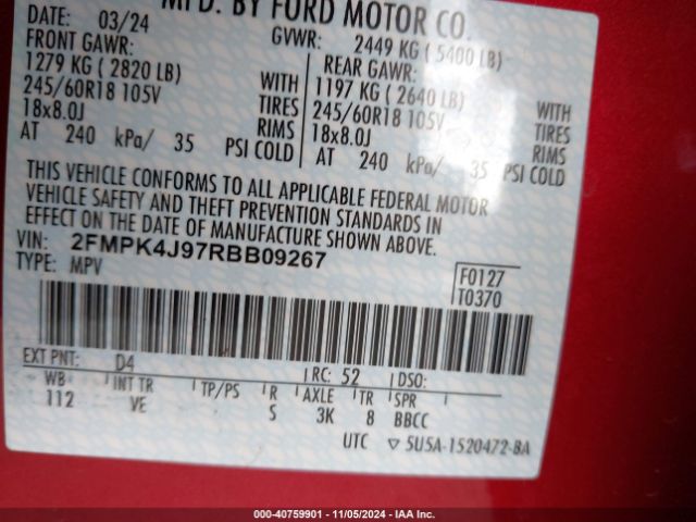 2FMPK4J97RBB09267 Ford EDGE SEL