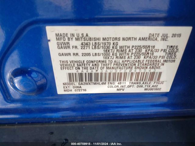 4A4AP3AU9FE045543 Mitsubishi Outlander Sport Es