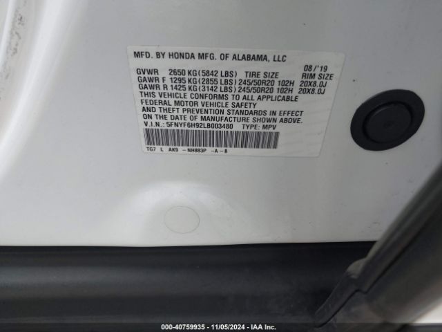 5FNYF6H92LB003480 Honda Pilot Awd Touring 8 Passenger