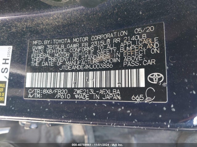Toyota Corolla Hybrid Le 2021 JTDEAMDE4MJ003886 Image 9