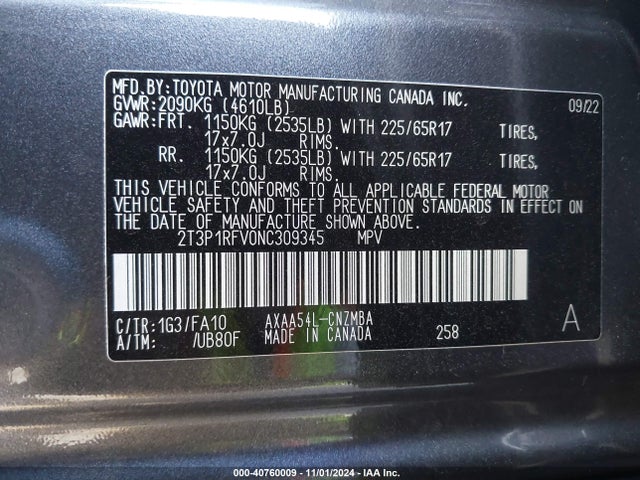 2T3P1RFV0NC309345 Toyota Rav4 Xle