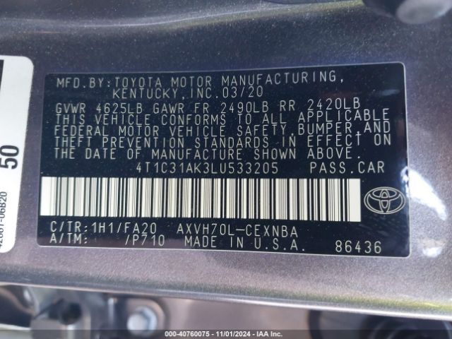 4T1C31AK3LU533205 Toyota Camry Le Hybrid