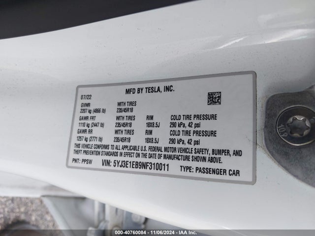 2022 TESLA MODEL 3 5YJ3E1EB9NF310011 Photo 8