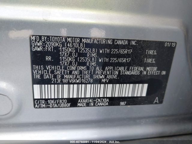 2T3F1RFV6KW016278 Toyota RAV4 LE