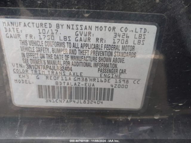 3N1CN7AP4JL832404 Nissan Versa 1.6 S+