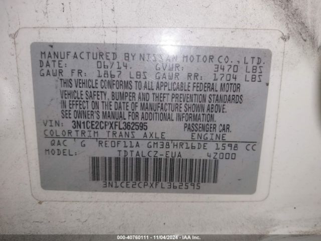 3N1CE2CPXFL362595 Nissan Versa Note S Plus
