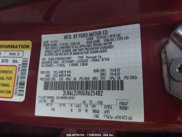 3LN6L2J90GR625482 Lincoln MKZ