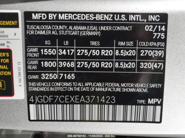 4JGDF7CEXEA371423 Mercedes-Benz Gl 450 4matic