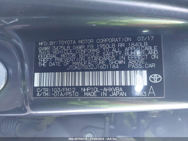 JTDKDTB32J1601184 Toyota Prius C Two