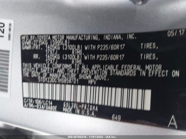 5TDYZ3DC1HS858701 Toyota Sienna Xle/limited