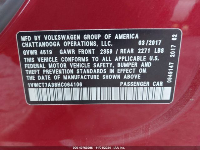1VWCT7A38HC064106 Volkswagen Passat 1.8t Sel Premium